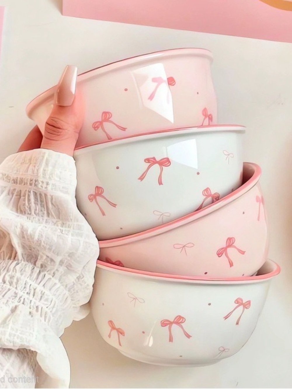 4 pieces pink and white bow bowls with spoons